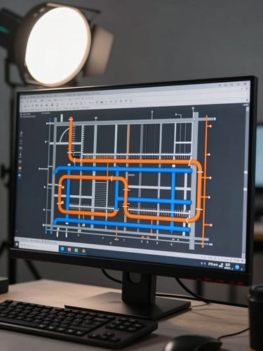 Tight close-up of a dual-monitor workstation displaying intersecting BIM coordination layers — electrical conduits in orange, hydraulic pipes in blue, structure in grey — studio strobe light, sharp and clinical, no reflection glare