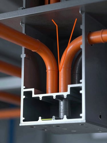 Close-up tight framing of a BIM model cross-section showing electrical conduits and hydraulic pipes intersecting in a ceiling plenum, conflict markers highlighted in orange, dark studio lighting with cool north-facing fill, rendered on a high-resolution display
