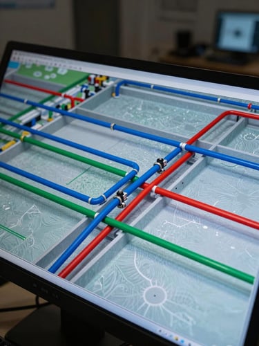 Close-up wide frame of a BIM coordination model showing color-coded hydraulic pipe systems — blue water supply, green drainage, red fire suppression — intersecting with structural slabs, viewed on a large monitor in a darkened technical studio, cool screen light, tight framing on the pipe routing intersections