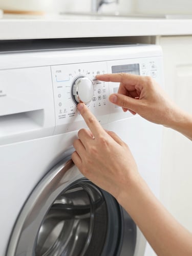 Close-up of technical hands working on a sleek modern washing machine control panel, bright natural kitchen light, sharp focus, 50mm lens