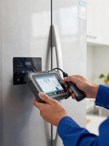 Close-up of a technician's hands in blue uniform using a digital diagnostic tool on a modern stainless steel refrigerator control panel, bright natural kitchen light, sharp focus