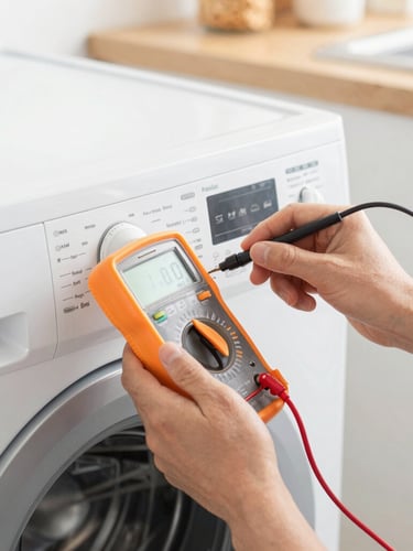 Close-up of a technician's hands using a digital multimeter to test a premium washing machine control panel, bright natural indoor lighting, sharp focus on technical details