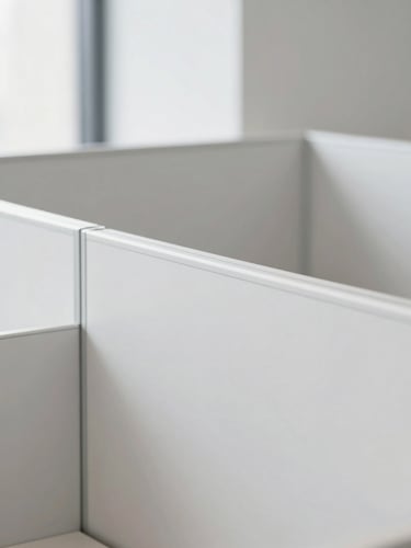 Architectural detail of an empty office space showing clean lines of a newly installed partition system, bright natural daylight, sharp focus