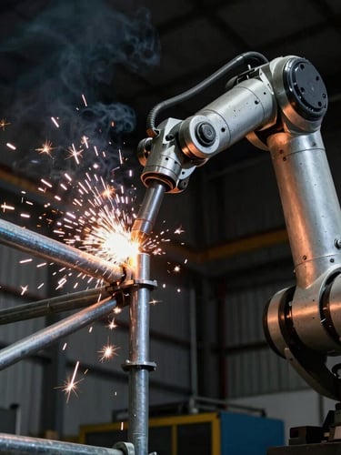 Low-angle powerful shot of a heavy robotic welding arm joining thick steel scaffolding joints, bright sparks, dark industrial workshop background, 35mm