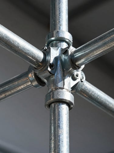 Low-angle powerful shot of a heavy-duty galvanized steel scaffolding coupler, high-contrast industrial lighting, cool metallic tones, sharp focus, 35mm.