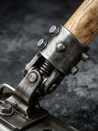 Extreme close-up of a heavy-duty steel mop joint and solid ash handle, sharp product photography, crisp studio light, neutral slate background, high contrast, 50mm