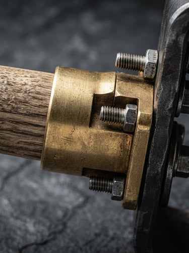 Extreme close-up of a heavy-duty brass fitting joining a solid ash handle to a steel frame, crisp studio lighting, neutral slate background, high contrast, 50mm