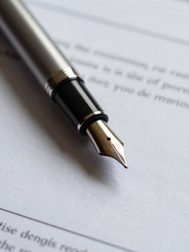 Macro close-up of a fountain pen resting on a heavy-textured corporate contract, soft directional side-light, deep shadows, professional and sophisticated atmosphere.