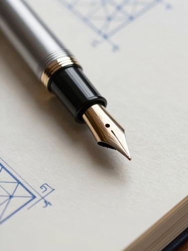 Macro close-up of a high-end fountain pen resting on structured, heavy cream paper with clean geometric blueprints faintly visible, soft side lighting from a window.