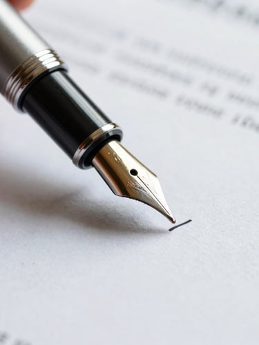 Macro close-up of a fountain pen signing a structured financial contract on heavy, textured paper, soft side lighting highlighting the ink texture.