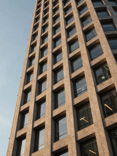 Wide-angle architectural detail of a modern financial capital skyscraper, sharp geometric concrete and glass lines reflecting warm golden hour sunlight, negative space to the left