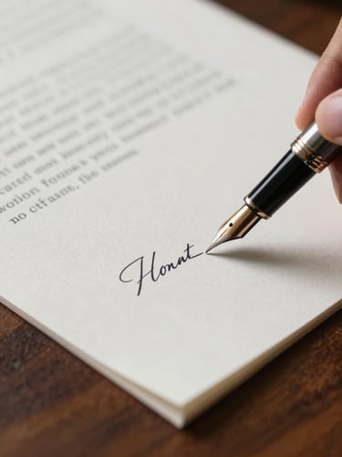 Close-up of a fountain pen signing a heavy textured cotton document on a dark oak desk, soft dramatic side-lighting.