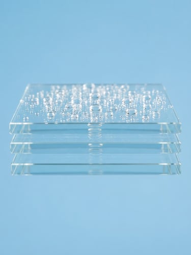 Symmetrical macro shot of pristine transparent glass plates with delicate water droplets under bright daylight, clean sky-blue background