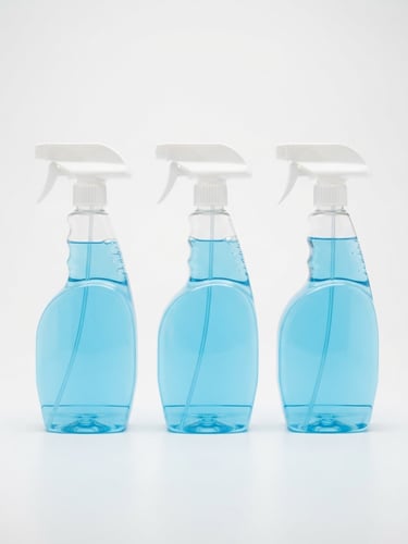 Symmetrical straight-on studio shot of translucent professional cleaning chemical bottles, bright high-key clinical daylight, pristine white background, fresh sky blue liquid inside, sharp focus, 35mm