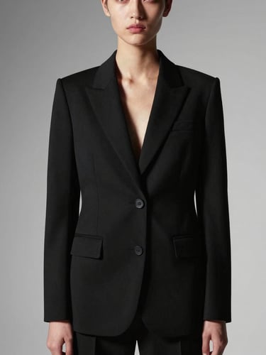 High-contrast studio fashion photography of a model in a sharp black structured blazer with crisp dramatic lighting, minimalist black and white background, medium format lens