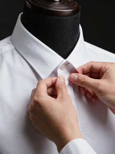 Close-up of a tailor's hands adjusting a crisp white shirt collar on a model, high-contrast studio lighting, minimalist black background