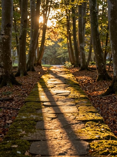 Sunlight filtering through a dense beech forest canopy, golden-hour light casting long shadows on mossy stone paths, warm editorial photography, shallow depth of field, 35mm.