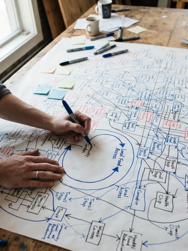 Overhead shot of a physical system map on a massive table, hands with blue ink markers drawing feedback loops connecting neighborhood resources, bright natural daylight.