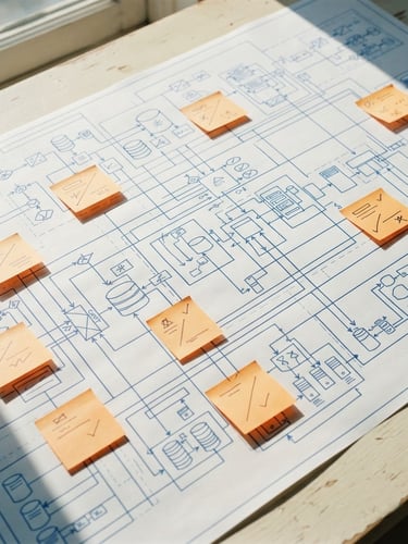 An overhead, high-contrast shot of a crisp blueprint-style system mapping diagram on a cream desk, with technical blue lines and orange sticky notes, daylight casting sharp shadows.