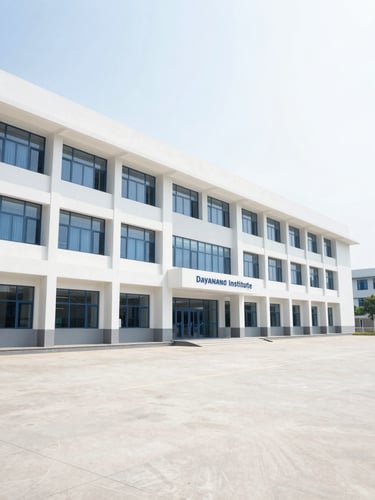 A professional campus building facade of Dayanand Institute under bright daylight, clean architectural lines, modern educational facility, wide angle.