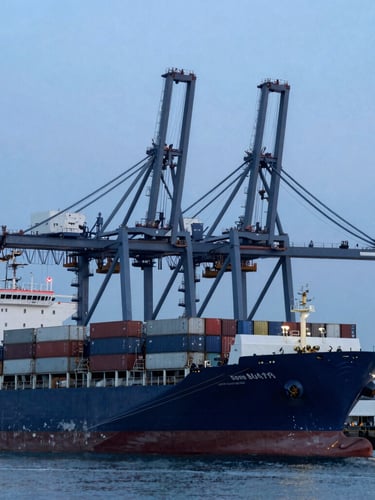 A massive container ship docked at a modern port terminal during blue hour, towering steel cranes, cool daylight, editorial industrial photography, 35mm