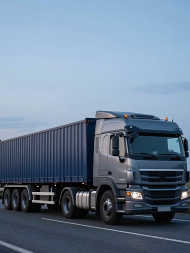 Wide-angle editorial industrial photography of a modern heavy-duty cargo truck driving on a scenic highway during cool blue-hour dawn, deep navy and steel gray tones, 35mm lens
