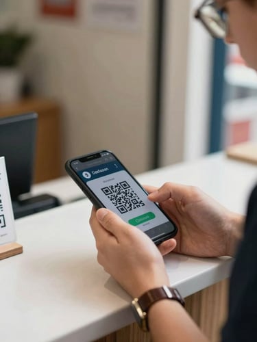 Bright, natural daylight close-up of a traveler scanning a secure QR code on a smartphone at a clean local storefront counter.