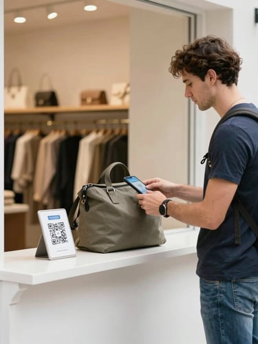 A clean storefront counter inside a modern local boutique, a traveler easily scanning a secure QR code on their phone to drop off a bag, bright daylight