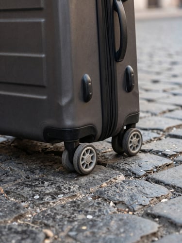 A close-up shot of a heavy rolling suitcase being dragged over rough, uneven historic cobblestones in Rome, daylight, focused on wheels