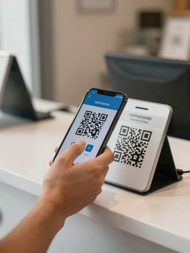 Close-up shot of a traveler scanning a secure QR code on their mobile phone at a clean, modern storefront counter, bright natural daylight.