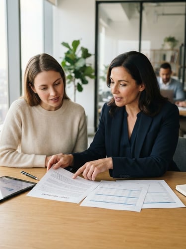 A professional financial consultant reviewing credit documents with a client in a bright modern office, warm natural morning light, shallow depth of field, authentic