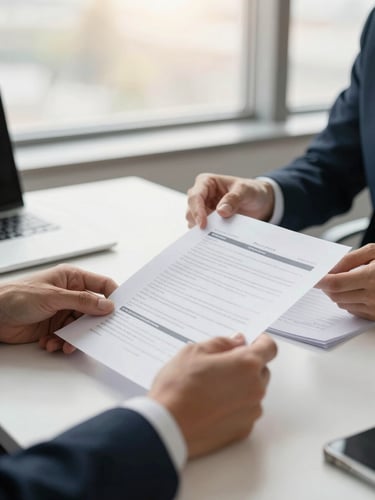 Close up of hands reviewing financial documents on a bright office desk, natural window light, professional atmosphere