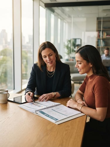 Warm editorial photography of a professional financial consultant reviewing documents with a client in a bright, modern office with soft morning light coming through a large window, shallow depth of field