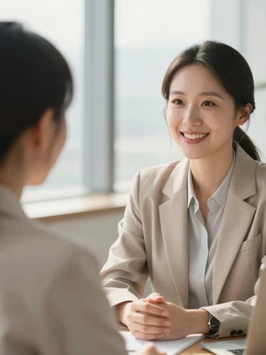 A professional financial consultant in a bright office, talking warmly to a client, soft morning light, shallow depth of field