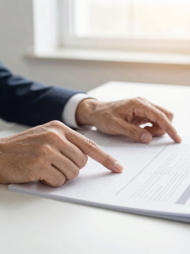 Close-up of professional hands pointing at a financial document on a clean desk, soft natural morning light, authentic