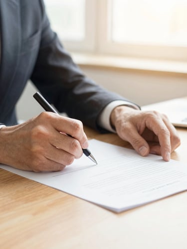 Close-up of hands signing a document on a clean wooden desk, soft morning sunlight, warm editorial feel, professional and authentic
