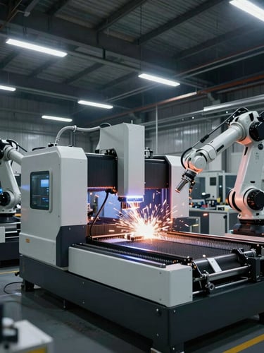 Wide-angle shot of a modern, high-tech manufacturing floor in Saudi Arabia, showing large CNC machines and robotic welding stations, dramatic industrial lighting, cool metallic tones, sharp focus.