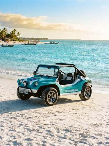 Bright coastal photography, a modern turquoise buggy parked on the white sands of Maragogi, sparkling turquoise sea in the background, vibrant tropical sunlight, 35mm lens.