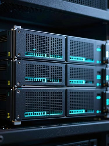 Cool technical photography, macro crop of modern server hardware glowing with electric cyan highlights, rack-mounted processors, shallow depth of field