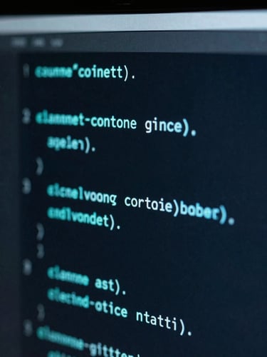 Macro technical photography of clean code interface on a dark screen with electric cyan highlights, sharp focus, low-key server room lighting