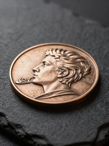 Macro product photography, dramatic side-lighting from the left, dark slate background, master craftsman hand-carving a steel medal matrix with warm metallic reflections, 85mm lens, shallow depth of field