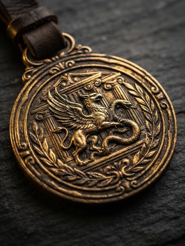 macro product photography, dramatic side-lighting, dark slate background, metallic reflections, gold and bronze tones, 85mm lens, shallow depth of field showing a heavy bronze medal with deep high-relief engravings