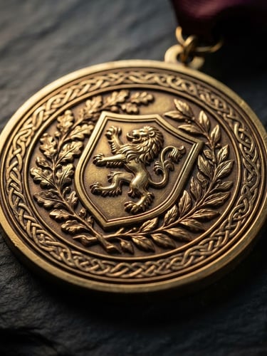 Macro product photography of a custom gold medal with deep 3D engravings, dramatic side-lighting casting sharp shadows, dark slate background, metallic gold reflections, 85mm lens, shallow depth of field