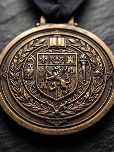 Macro product photography of a heavy bronze academic medal with a highly detailed heraldic crest, deep engravings, dramatic side-lighting on a dark slate background, shallow depth of field