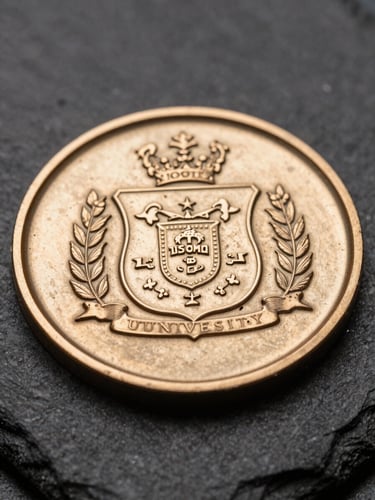 Macro close-up of a steel matrix mold for a university medal, showing deep reverse engravings of a complex coat of arms, metallic reflections, dark workshop setting