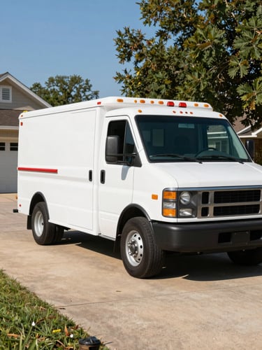 Bright direct Mississippi sunlight illuminating a clean, organized Platinum Pool Solutions service truck parked in a suburban driveway, high-contrast, professional utility focus.