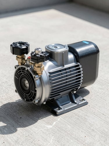 Close-up of a newly installed premium pool pump and filtration system on a clean concrete pad, bright direct sunlight, sharp focus on valves