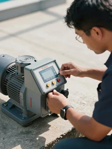 A technician in a clean uniform adjusting a high-efficiency pool pump on a concrete pad, bright Mississippi sunlight, sharp focus on the control panel.