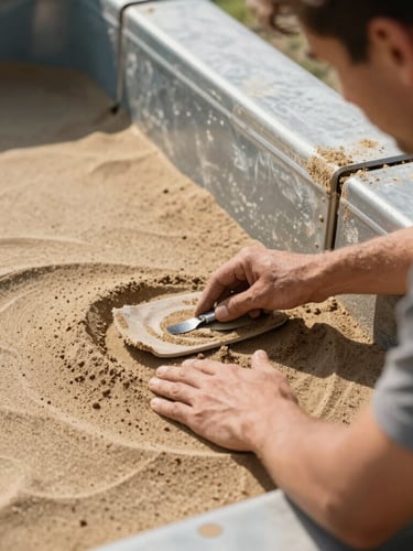 Close-up of a technician smoothing a pool sand bottom and repairing metal walls, bright direct sunlight, technical detail focus