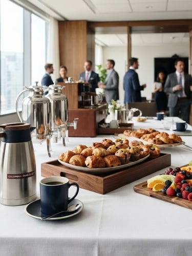 Elegant corporate coffee break setup in a modern meeting room, freshly brewed coffee, artisanal pastries, and fresh fruit platters on a white tablecloth, bright natural morning light, shallow depth of field, deep navy and rich brown tones.